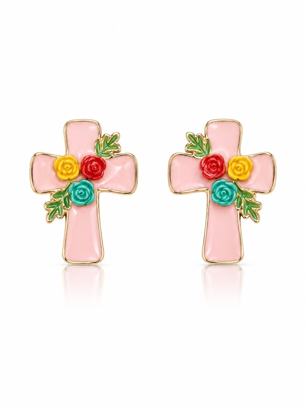 Cross Floral Stud Earrings in Pink with Multicolor Accents